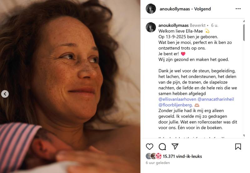 Anouk Maas deelt het nieuws dat ze moeder is geworden.